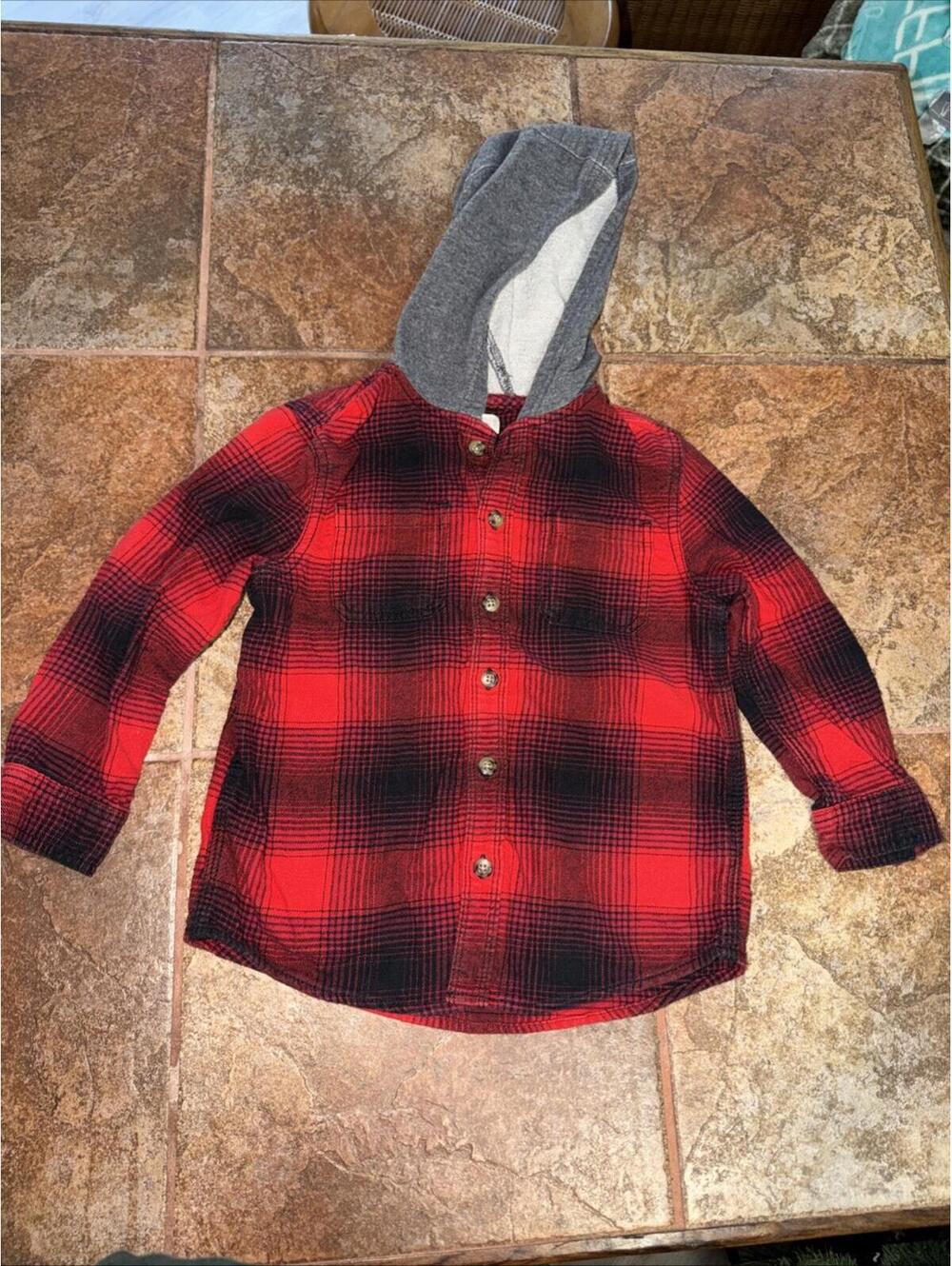 Gymboree Boys XS (4) Red Black Plaid Flannel Hoodie Shirt Gray Hood Button Up